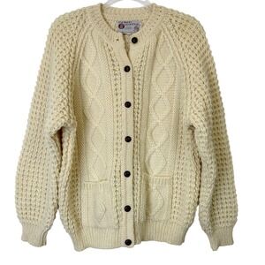 Standun Pure Irish Wool‎ Fisherman Sweater Women's Size Large Cream Cable Knit
